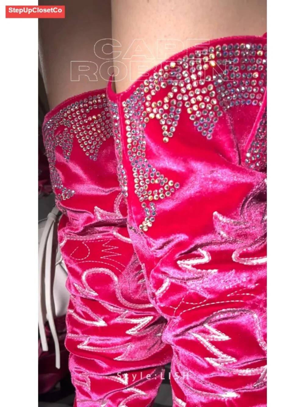 Rhinestone Embroidered Thigh High Slouchy Wide Calf Pull On Boots with Memory